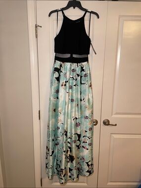 Betsy & Adam Black and Mint Floral Halter Wedding Dress